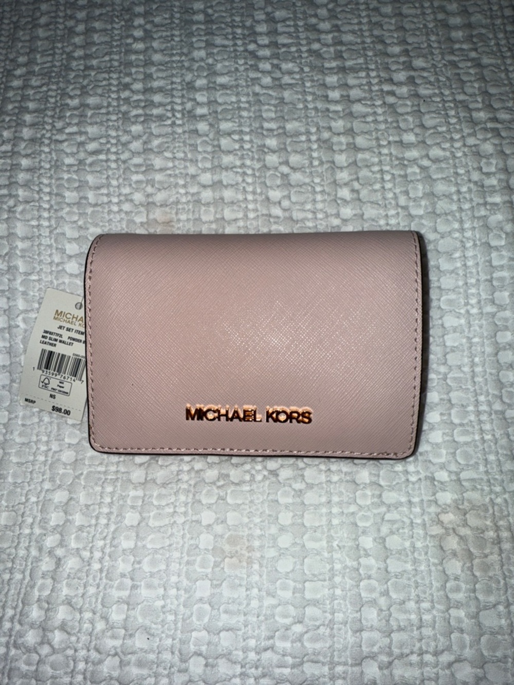 Michael Kors Blush Saffiano Leather Compact Wallet with Rose Gold Logo